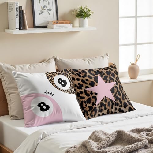 GTYNU Trendy Funky Cheetah Pink Y2K Luck 8 Ball Pillow Covers 18x18 Set of 2,Cheetah Leopard Lover Gifts for Women,Coquette Preppy Pillow Covers for Girls Room Dorm Apartment Decor - Image 5