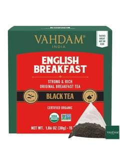 VAHDAM Organic English Breakfast Black Tea Bags 15 Count High Caffeine Strong and Robust Coffee Replacement Individually Wrapped  - Image 1