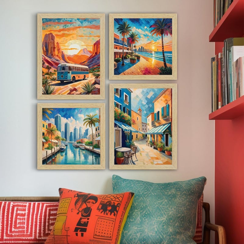 ArtX City Sunrise Paintings with Frame for Home Decoration Living RoomBedroom Office Dcor Framed Painting for Wall Decoration Abstract Multicolor Set of 4 - Image 2