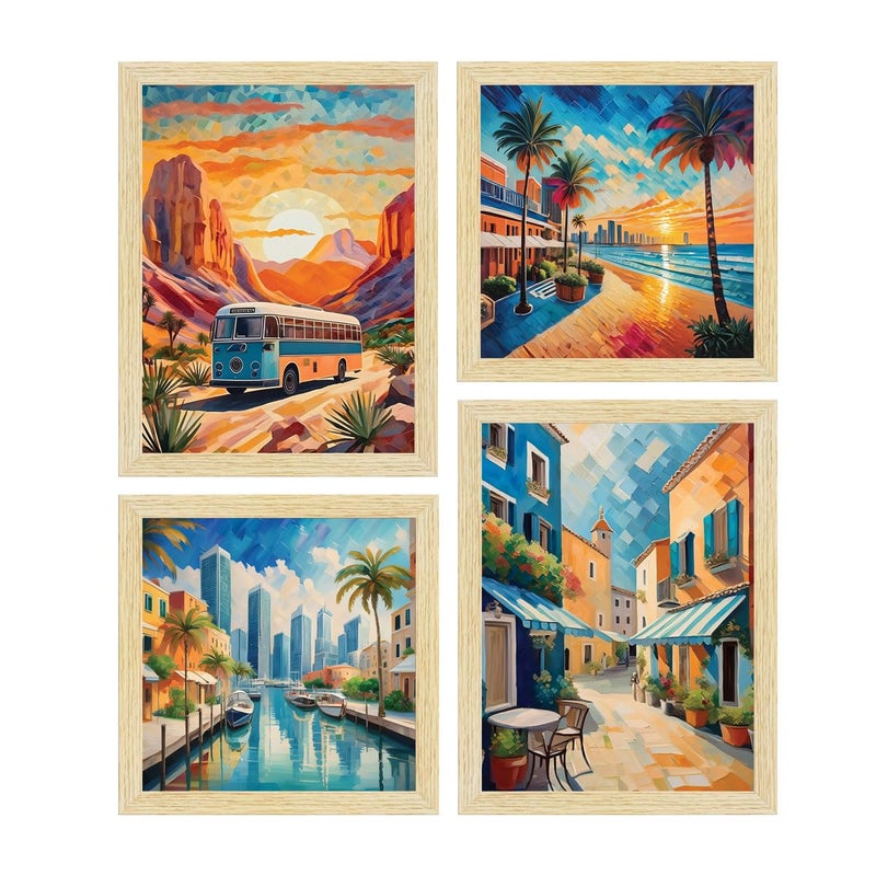 ArtX City Sunrise Paintings with Frame for Home Decoration Living RoomBedroom Office Dcor Framed Painting for Wall Decoration Abstract Multicolor Set of 4 - Image 1
