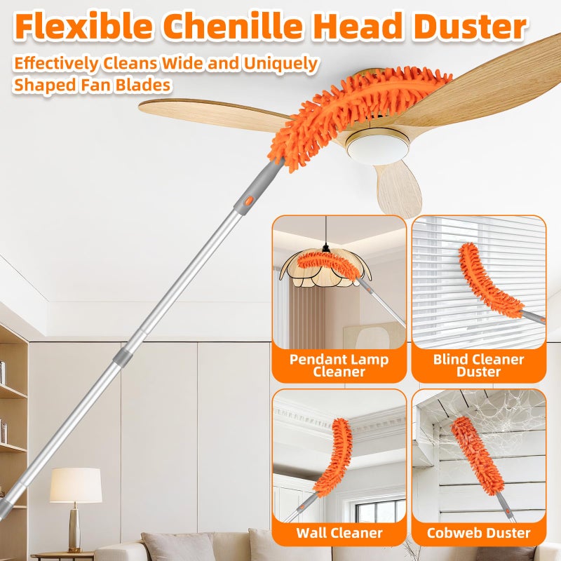 LOVECO Ceiling Fan Cleaner Duster with 6 Ft/77'' Extension Pole Multi-Functional Chenille Duster Cleaner Kit for Cleaning Fan Blade, Baseboard, Blind, Cobweb, High Ceiling Walls - Reusable & Machine Washable - Image 4