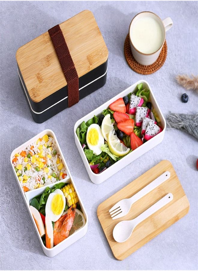 Loquat 1200ML Plastic Double Decked Bamboo Wood Cover Lunch Box White  - Image 2