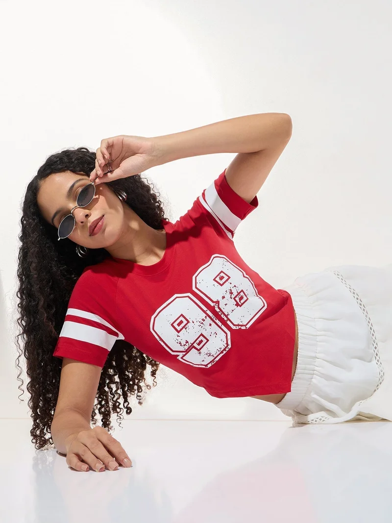 Outzidr  Red Crew Neck Graphic Tshirt for Women | Best Price UAE