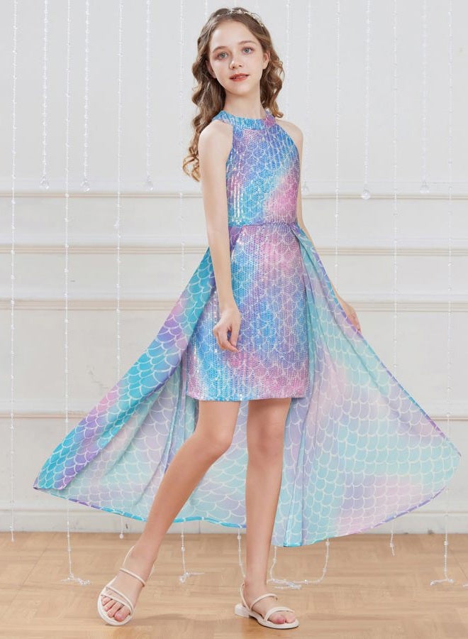GRACE KARIN Girls Halter Neck Sequin Dress 6-14Y Kids Fancy Formal Party Prom Sparkly Pageant Birthday Graduation Dresses, Mermaid, 10-12 Years - Image 2