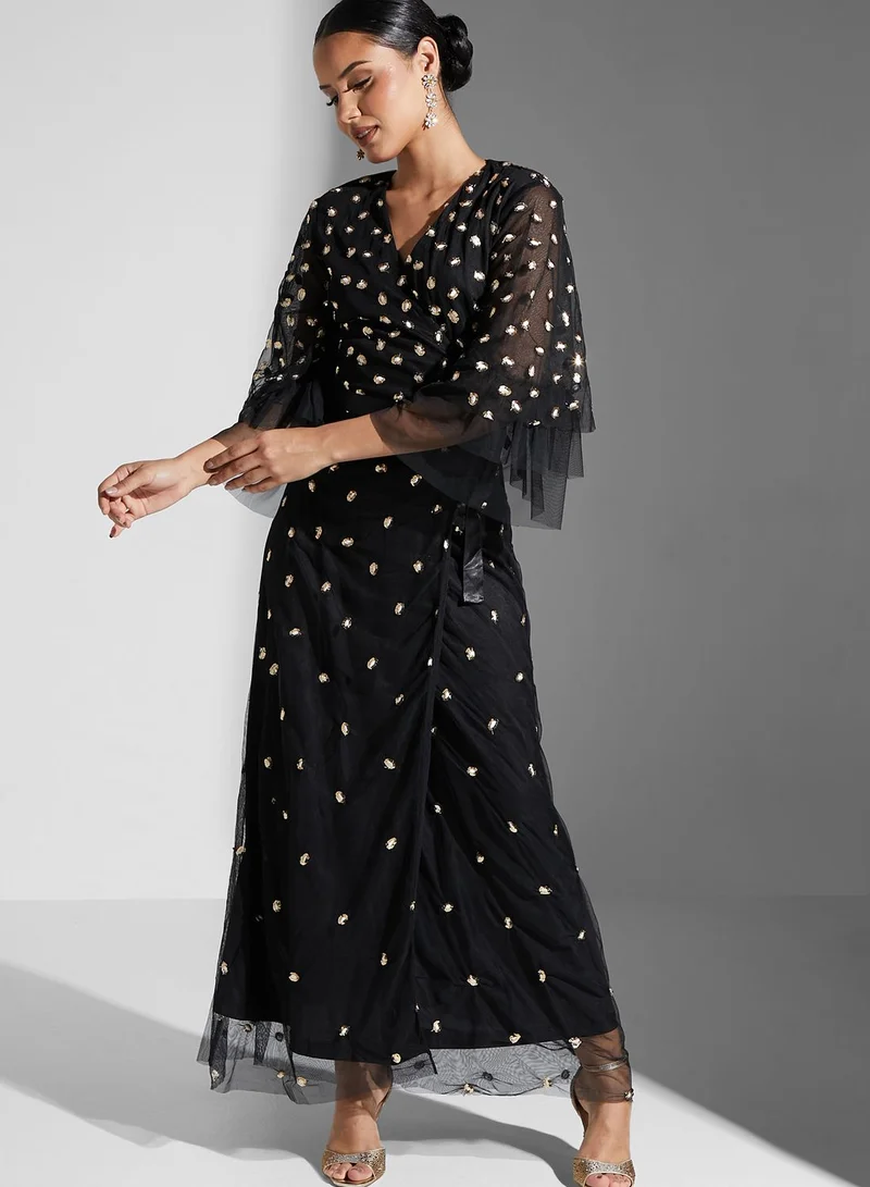 Raishma Surplice Tulle Detail Embellished Dress