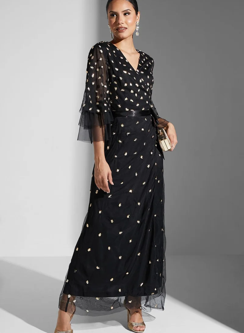 Raishma Surplice Tulle Detail Embellished Dress