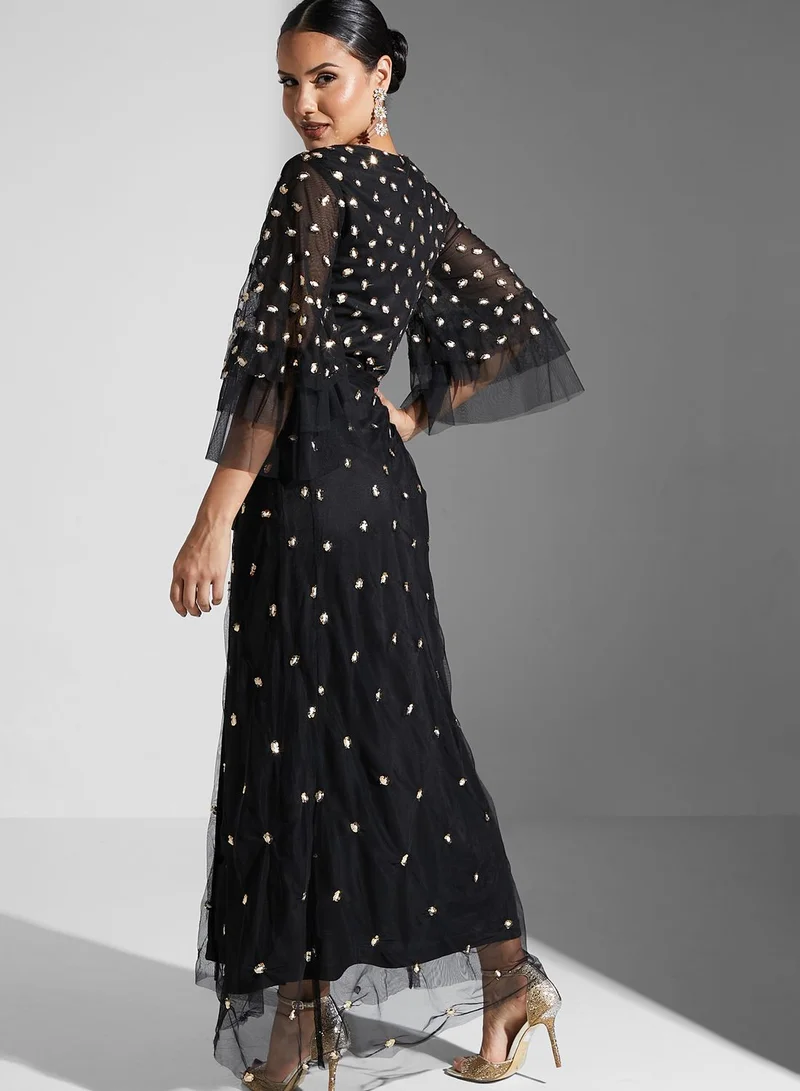 Raishma Surplice Tulle Detail Embellished Dress