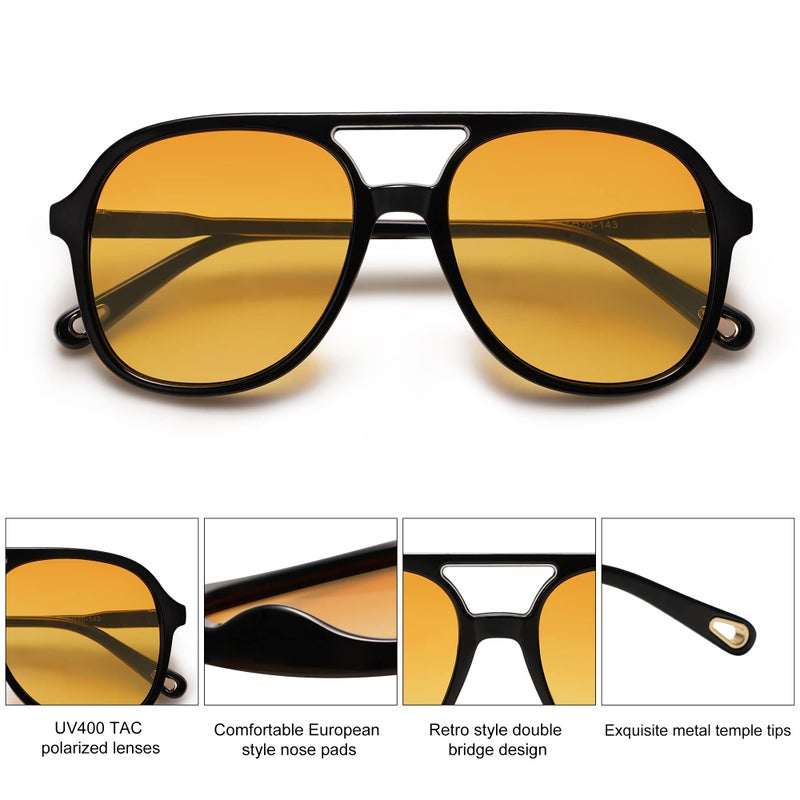 SOJOS Retro Polarized Aviator Sunglasses for Women Men Classic 70s Vintage Trendy Square Aviators SJ2174, Black/Dark Yellow Tint - Image 2