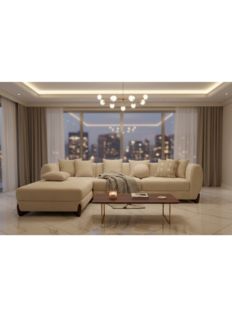 أريكة زاوية حديثة بشكل حرف L مع تشيز على الجهة اليسرى، بقماش بوكليه شينيه محبّب بلون بيج | إسفنج عالي المرونة بكثافة 30 لتحقيق راحة بدرجة 3 نجوم | أريكة زاوية معاصرة تتسع لستة أشخاص لغرفة المعيشة - Image 1