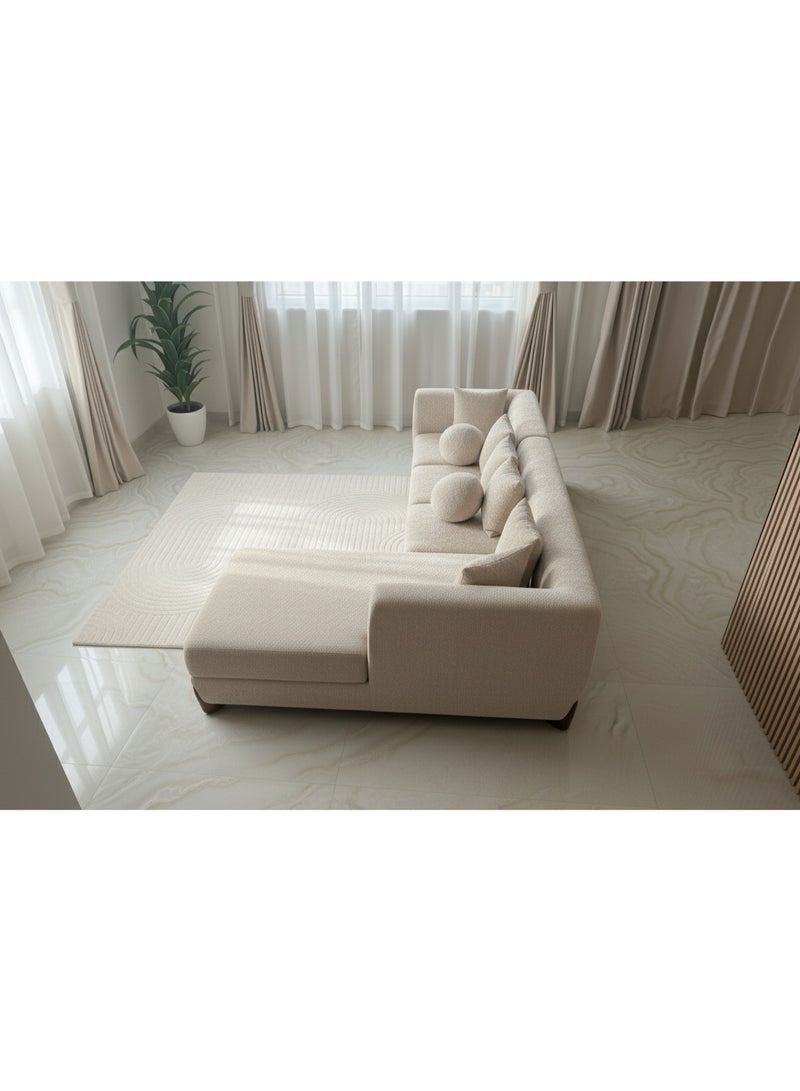 أريكة زاوية حديثة بشكل حرف L مع تشيز على الجهة اليسرى، بقماش بوكليه شينيه محبّب بلون بيج | إسفنج عالي المرونة بكثافة 30 لتحقيق راحة بدرجة 3 نجوم | أريكة زاوية معاصرة تتسع لستة أشخاص لغرفة المعيشة - Image 4