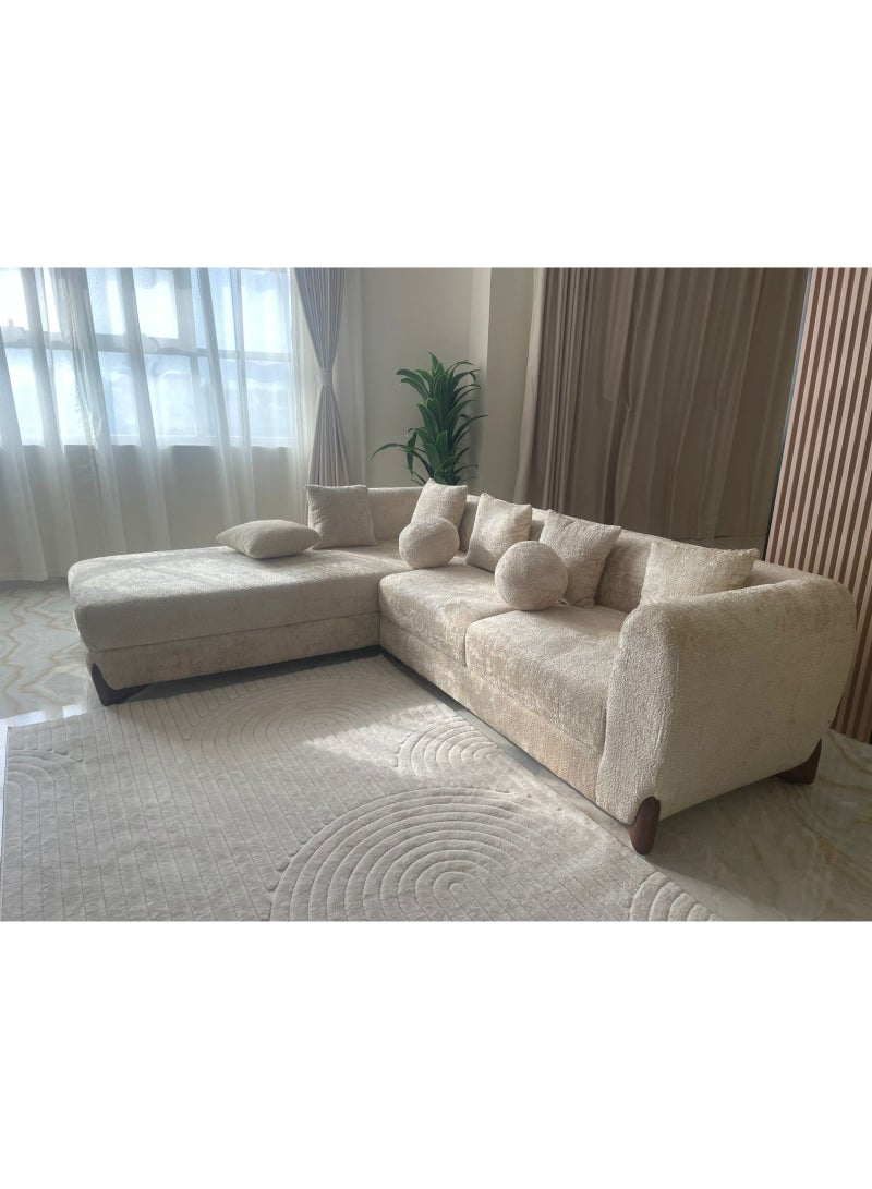 أريكة زاوية حديثة بشكل حرف L مع تشيز على الجهة اليسرى، بقماش بوكليه شينيه محبّب بلون بيج | إسفنج عالي المرونة بكثافة 30 لتحقيق راحة بدرجة 3 نجوم | أريكة زاوية معاصرة تتسع لستة أشخاص لغرفة المعيشة - Image 3
