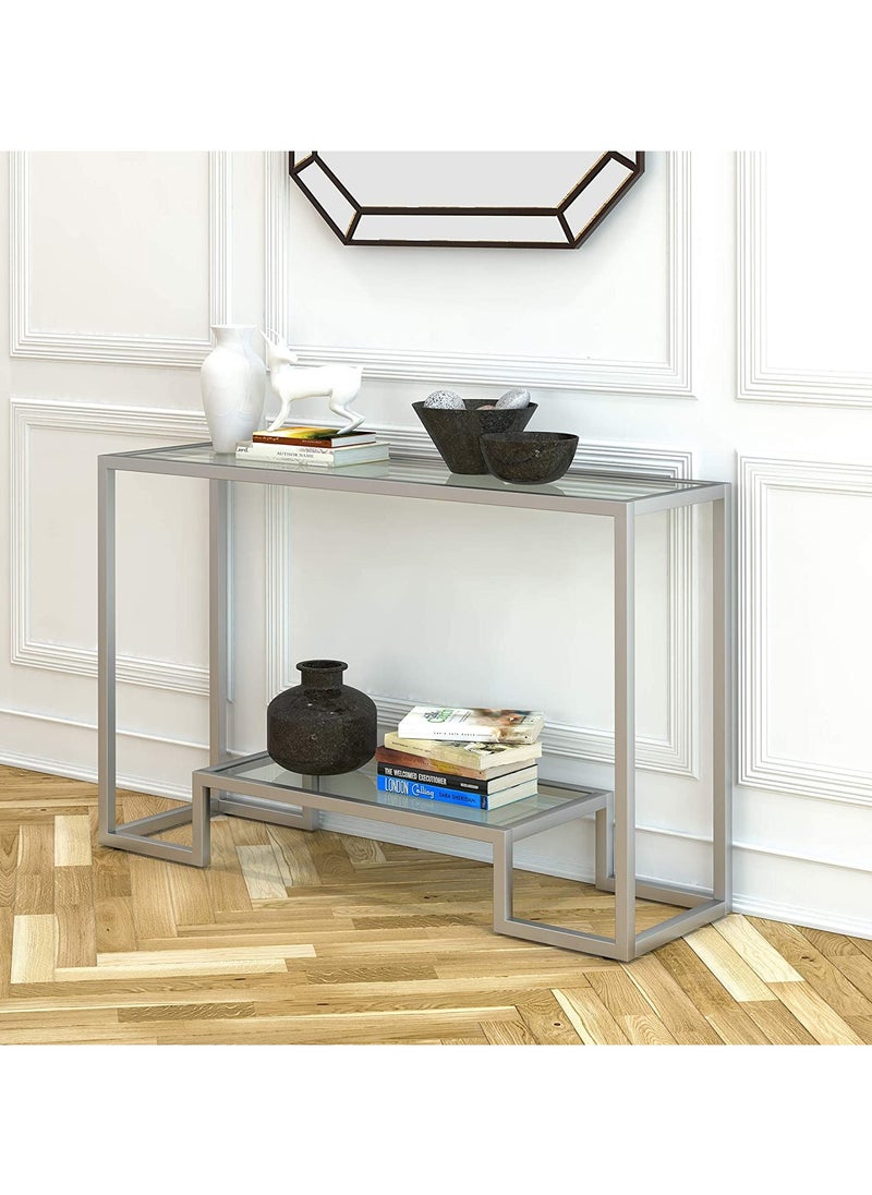 LINGWEI Metal Console Table with Clear Glass Surface and Shelf Silver 120x80x40cm  - Image 1