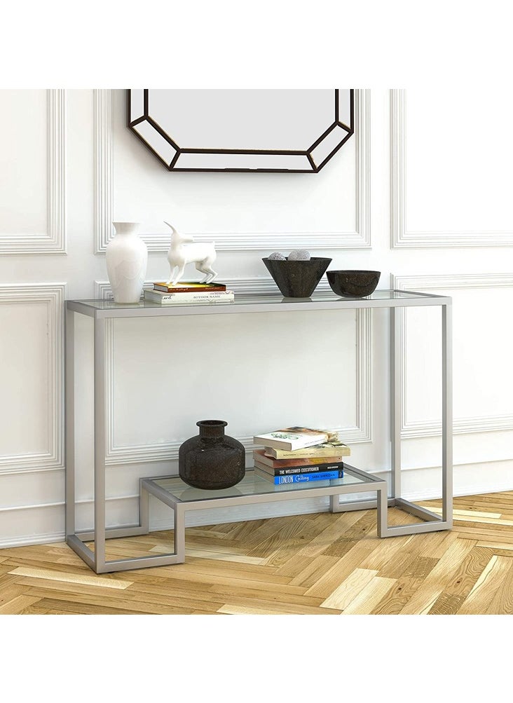 LINGWEI Metal Console Table with Clear Glass Surface and Shelf Silver 120x80x40cm  - Image 2