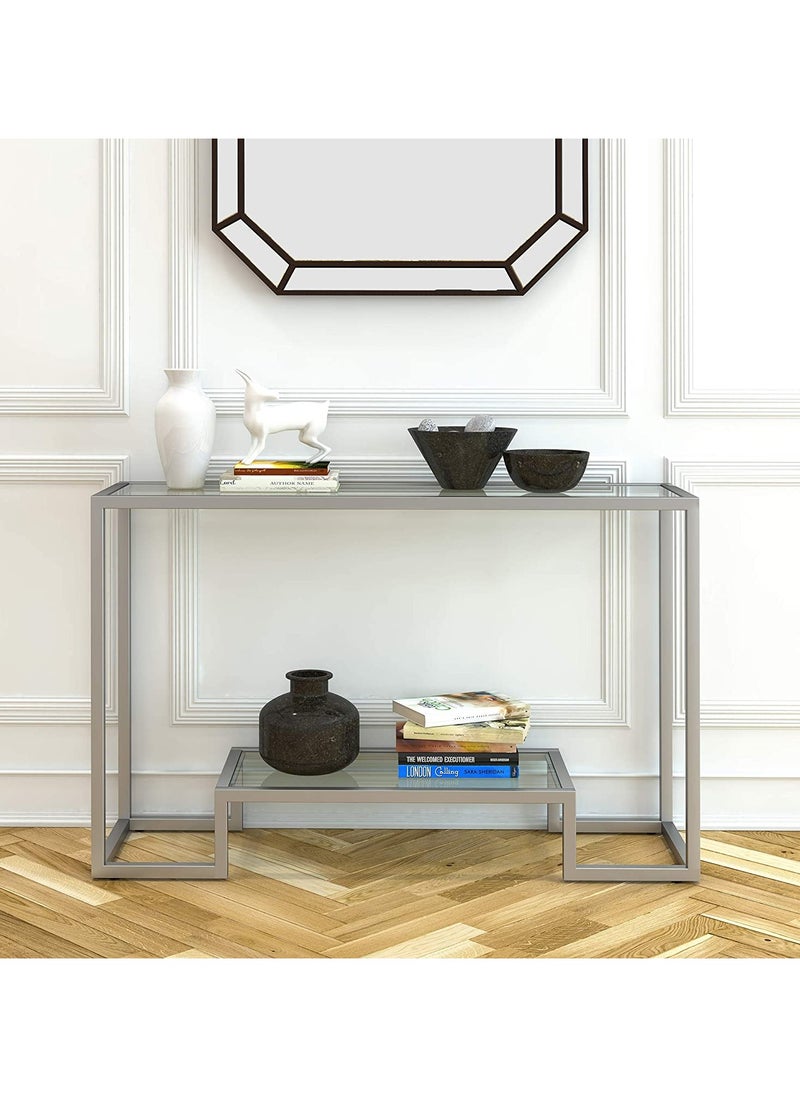 LINGWEI Metal Console Table with Clear Glass Surface and Shelf Silver 120x80x40cm  - Image 3