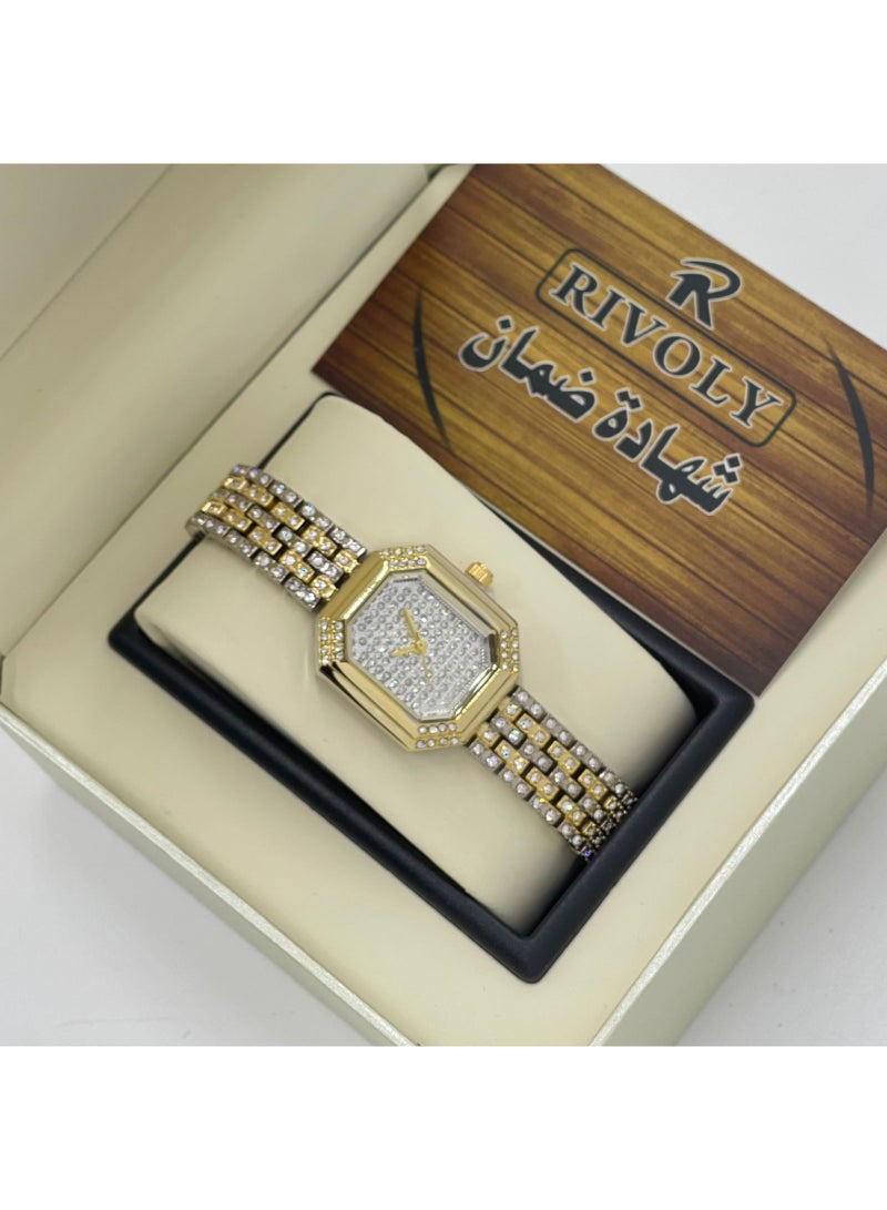 ريفولي ساعة يد نسائية من الفولاذ المقاوم للصدأ مرصعة بالكريستال
