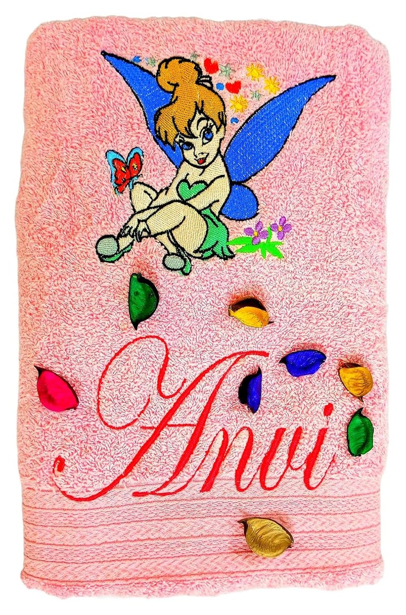 TurtleLittle Cotton Tinkerbell Personalised Princess Kids Bath Towel 500 GSM Set of 1 Pink - Image 1