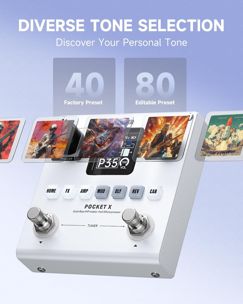 Donner Pocket-X Multi Effects Guitar Pedal - Guitar/Bass AMP Modeler with 6 Effects Modules, 80 Presets, and 20 IRs - Image 3