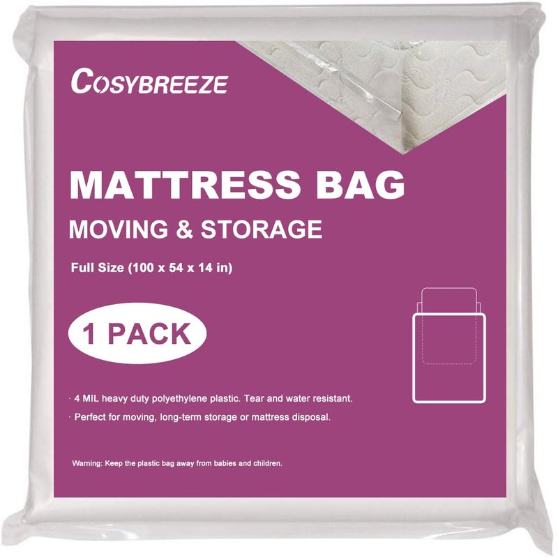 Cosybreeze Mattress Bags for Moving 4 Mil Mattress Cover Bag Full Size Mattress Storage Bags 1 Pack - Heavy Duty Thick Plastic Wrap Moving Mattress Protector for Moving - 54 x 96 Inch  - Image 1