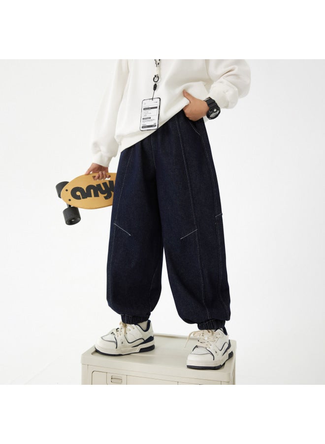 Boys' Autumn And Winter Korean Style Fleece-lined Jogger Jeans  New Model Children's Windproof Warm Thickened Pants