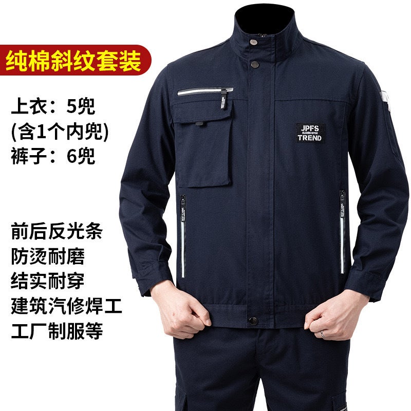 Spring and Autumn Cotton Twill Thickened Work Clothes suit Mens Wear-resistant and Anti-scald Welders Auto Repair Site Work Protection Clothes Tooling 2303 navy suit 