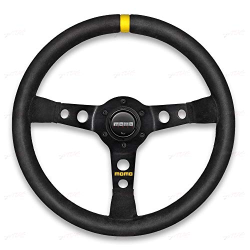 MOMO عجلة قيادة سباق MOMO Motorsport MOD. 07 بقبضة جلدية سوداء مع شعاع أنوديزد أسود مصقول وخط أصفر 350 مم مع طبق 72 مم - Image 1