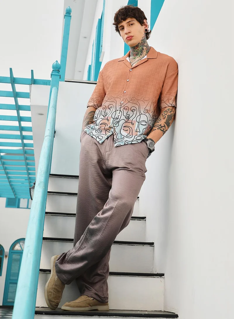 Campus Sutra Campus Sutra Men's Cantaloupe Orange Faces-Ombre Oversized Shirt | Cuban Collar , Short Regular Sleeve , Button Closure , Straight Hem | Abstract Placement Print Textured | Shirt For Casual Wear
