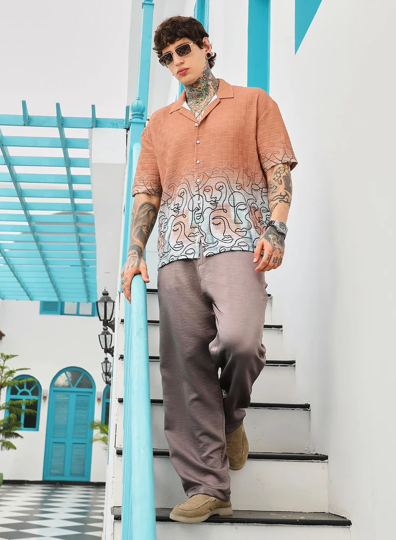 Campus Sutra Campus Sutra Men's Cantaloupe Orange Faces-Ombre Oversized Shirt | Cuban Collar , Short Regular Sleeve , Button Closure , Straight Hem | Abstract Placement Print Textured | Shirt For Casual Wear