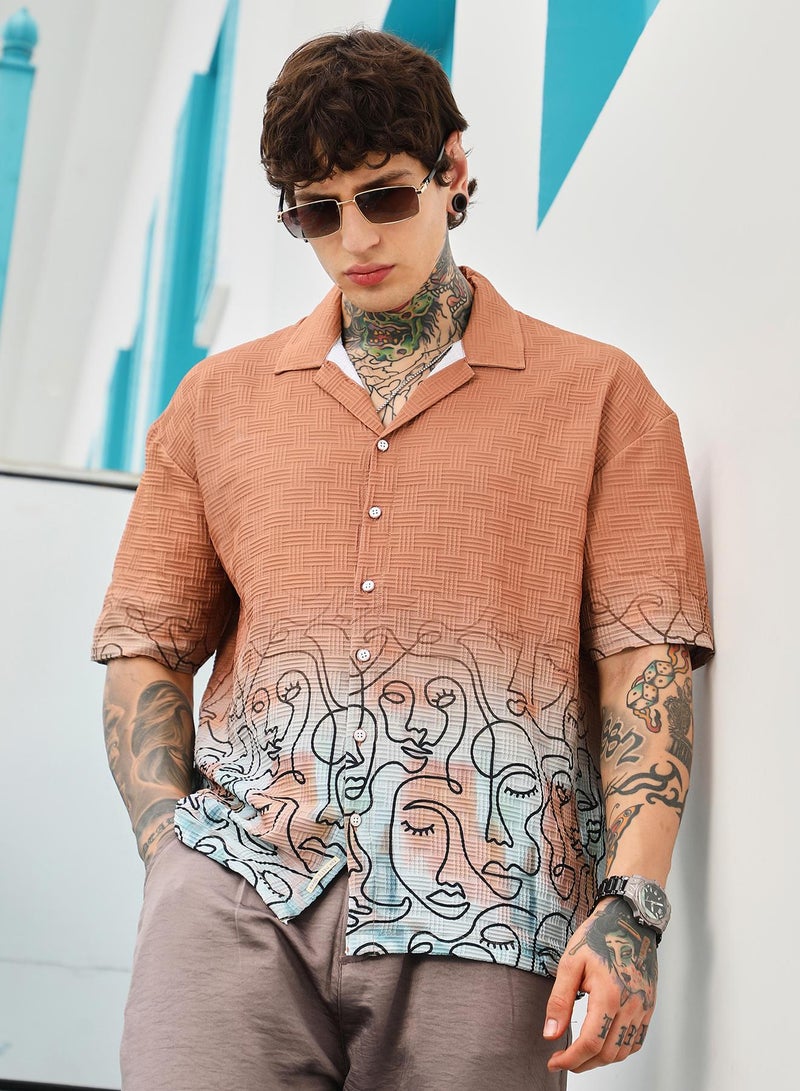 Campus Sutra Campus Sutra Men's Cantaloupe Orange Faces-Ombre Oversized Shirt | Cuban Collar , Short Regular Sleeve , Button Closure , Straight Hem | Abstract Placement Print Textured | Shirt For Casual Wear  - Image 1