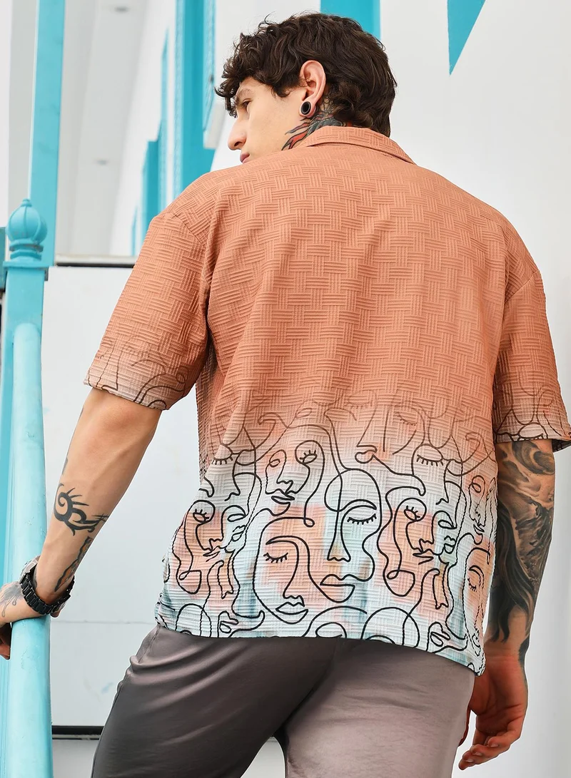 Campus Sutra Campus Sutra Men's Cantaloupe Orange Faces-Ombre Oversized Shirt | Cuban Collar , Short Regular Sleeve , Button Closure , Straight Hem | Abstract Placement Print Textured | Shirt For Casual Wear