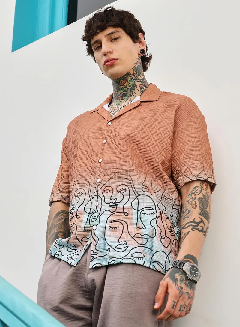 Campus Sutra Campus Sutra Men's Cantaloupe Orange Faces-Ombre Oversized Shirt | Cuban Collar , Short Regular Sleeve , Button Closure , Straight Hem | Abstract Placement Print Textured | Shirt For Casual Wear