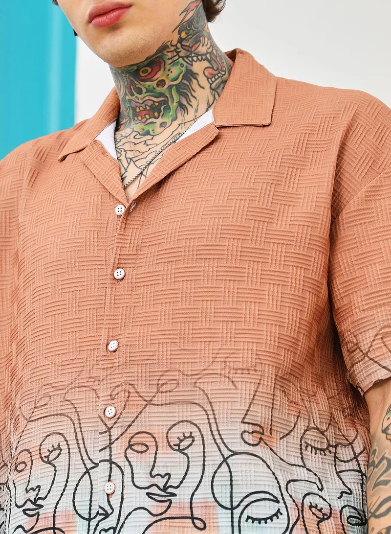 Campus Sutra Campus Sutra Men's Cantaloupe Orange Faces-Ombre Oversized Shirt | Cuban Collar , Short Regular Sleeve , Button Closure , Straight Hem | Abstract Placement Print Textured | Shirt For Casual Wear