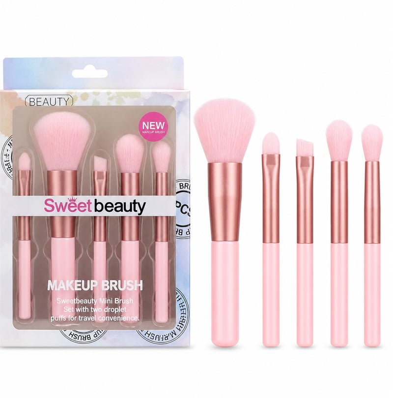 Me Now 5 Pcs Mini Makeup Brush Set Travel Makeup Brushes with Soft Synthetic Bristles, Pink Cosmetic Brush Kit for Powder, Blush Eyeshadow, Concealer and Detail Makeup Portable (3 Sets / 15 Brushes) - Image 1