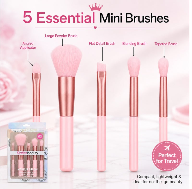 Me Now 5 Pcs Mini Makeup Brush Set Travel Makeup Brushes with Soft Synthetic Bristles, Pink Cosmetic Brush Kit for Powder, Blush Eyeshadow, Concealer and Detail Makeup Portable (3 Sets / 15 Brushes) - Image 2