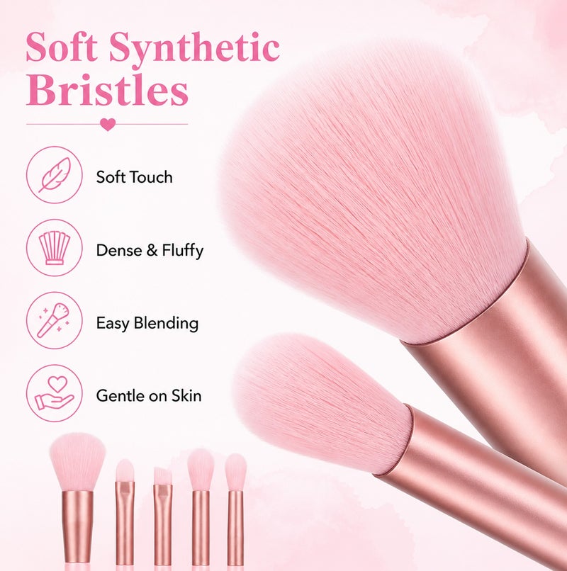 Me Now 5 Pcs Mini Makeup Brush Set Travel Makeup Brushes with Soft Synthetic Bristles, Pink Cosmetic Brush Kit for Powder, Blush Eyeshadow, Concealer and Detail Makeup Portable (3 Sets / 15 Brushes) - Image 3