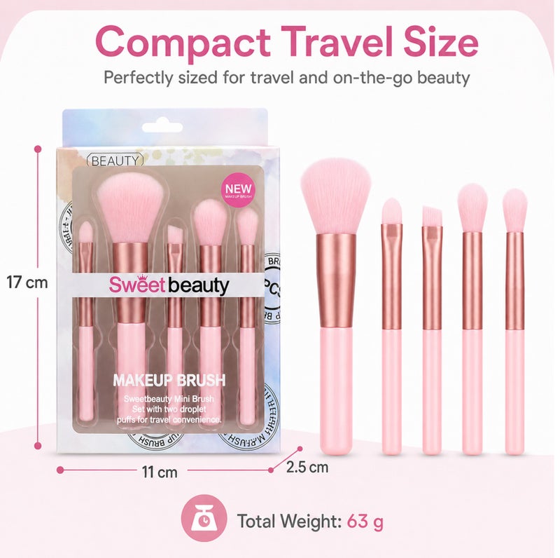 Me Now 5 Pcs Mini Makeup Brush Set Travel Makeup Brushes with Soft Synthetic Bristles, Pink Cosmetic Brush Kit for Powder, Blush Eyeshadow, Concealer and Detail Makeup Portable (3 Sets / 15 Brushes) - Image 4