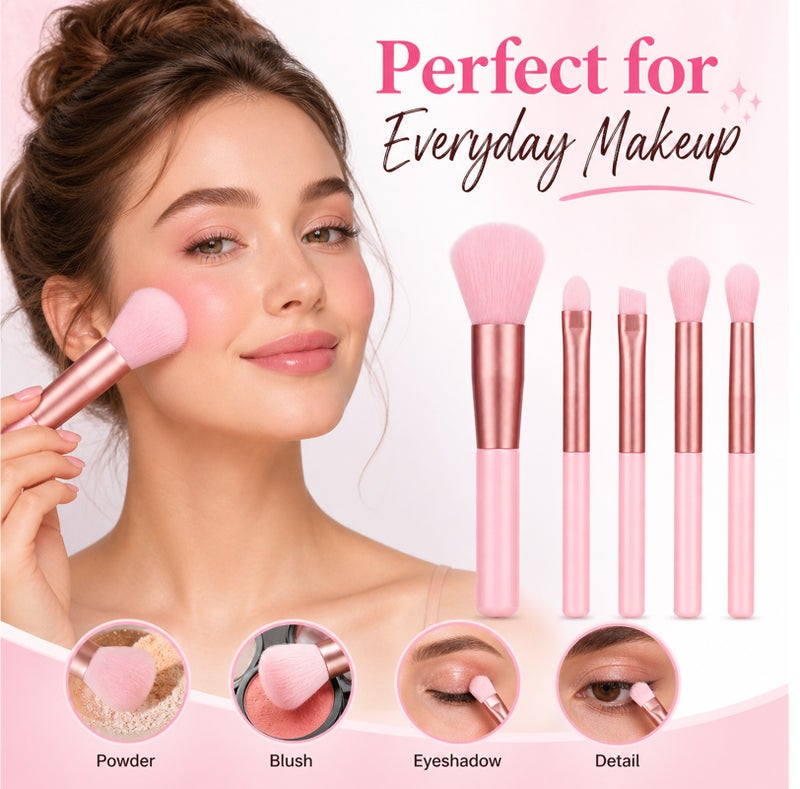 Me Now 5 Pcs Mini Makeup Brush Set Travel Makeup Brushes with Soft Synthetic Bristles, Pink Cosmetic Brush Kit for Powder, Blush Eyeshadow, Concealer and Detail Makeup Portable (3 Sets / 15 Brushes) - Image 5