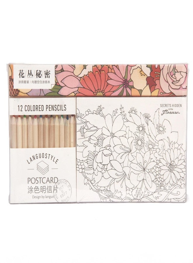 QIPS Postcard Coloring Set - Includes Hand-Painted Postcards, Small Sketchbook & 12 Colored Pencils - Creative Art Kit for Relaxation & Greetings (Secrets Hidden in Flowers) - Image 1
