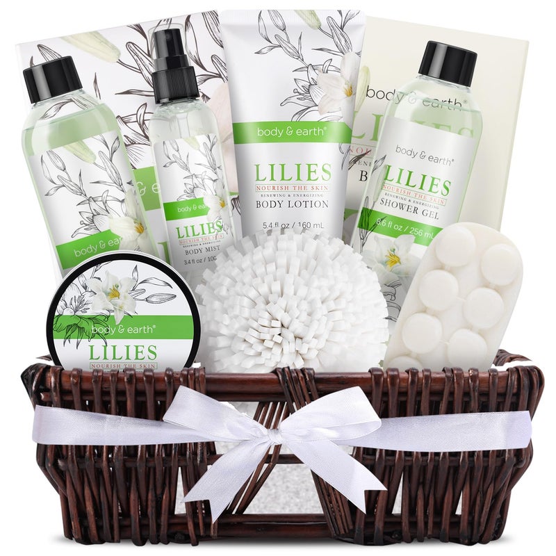 BODY & EARTH Spa Gift Baskets For Women Body & Earth 10pcs Spa Gifts For Women, Lily Gift Baskets Bath and Body Works Gift Set For Women with Bubble Bath, Body Lotion, Christmas Gift Baskets for Women Bath Set
