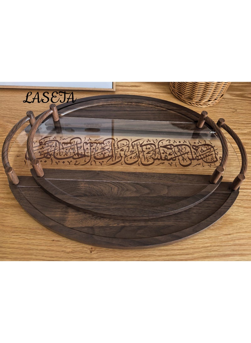 Laseta طقم 2 قطعة من صينية خشبية وأكريليك مع مقابض، صينية تقديم زخرفية لطاولة القهوة، الشاي، التخزين الدائري - Image 2