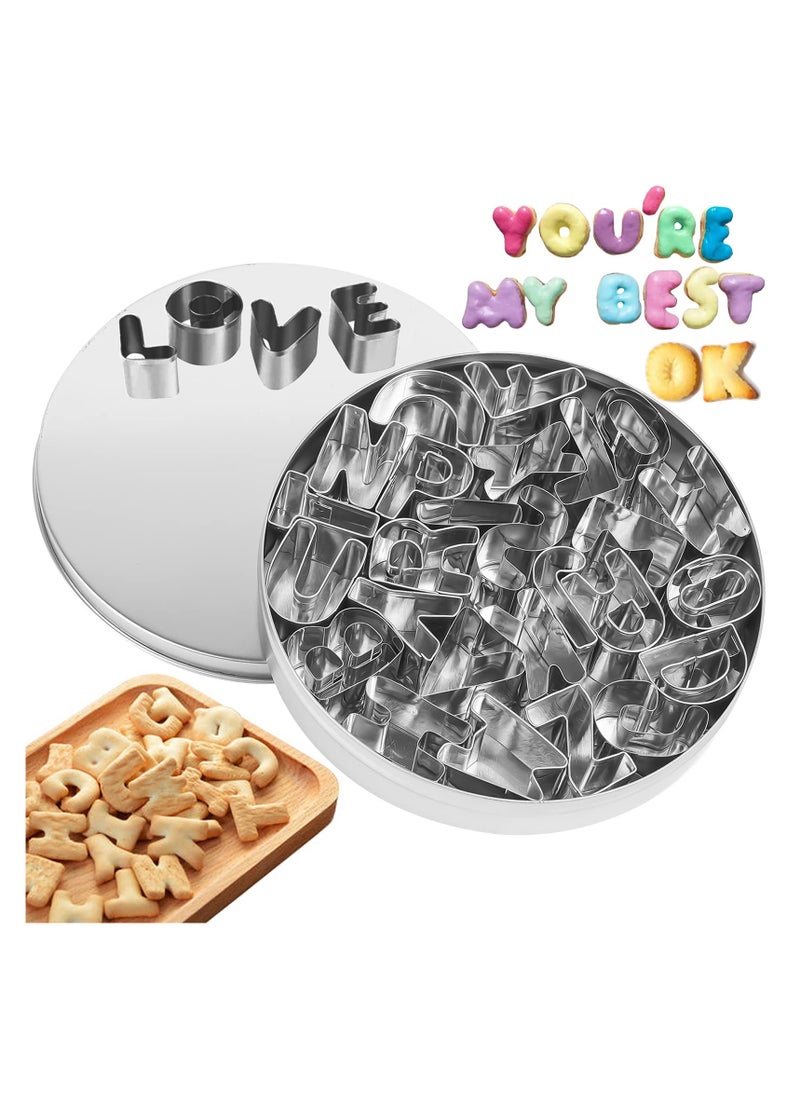SYOSI - Mini Cookie Cutter Set with Tin Box, 26 Alphabet Cookie Biscuit Cutters Shapes(A-Z), Stainless Steel Mini Cookie Cutters, Polymer Clay Cutters, and Fruit Cutter for Kids - Image 1
