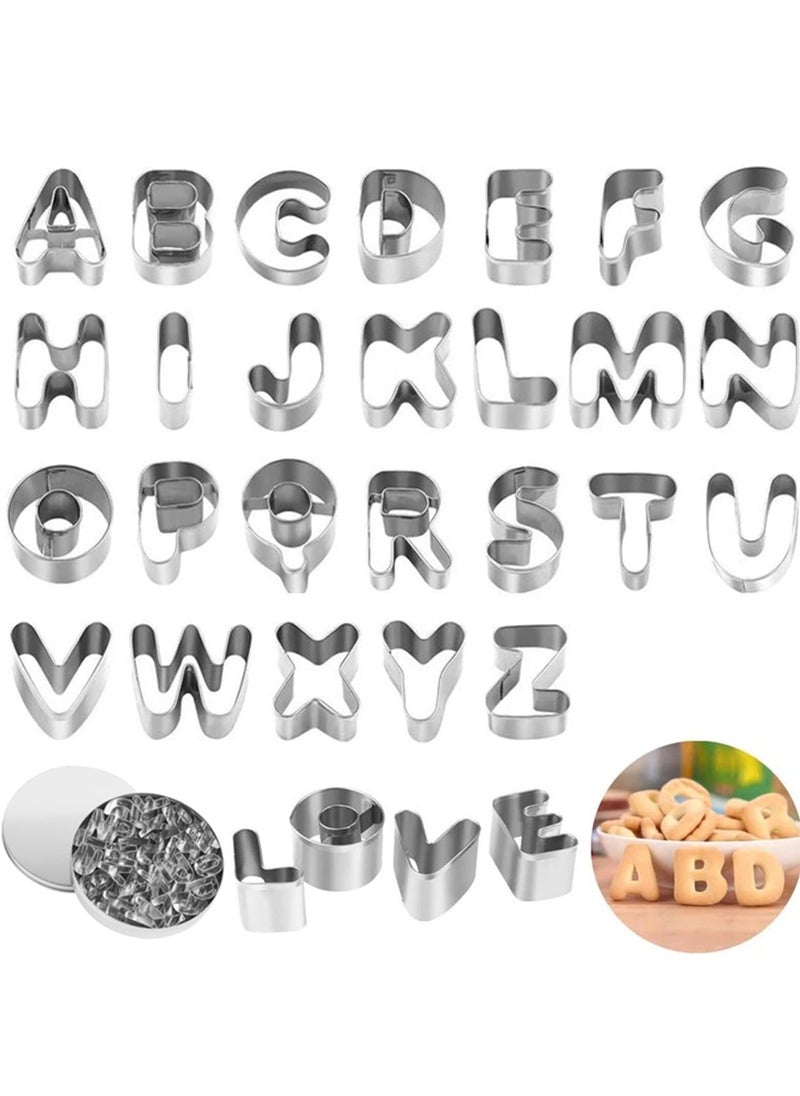 SYOSI - Mini Cookie Cutter Set with Tin Box, 26 Alphabet Cookie Biscuit Cutters Shapes(A-Z), Stainless Steel Mini Cookie Cutters, Polymer Clay Cutters, and Fruit Cutter for Kids - Image 1
