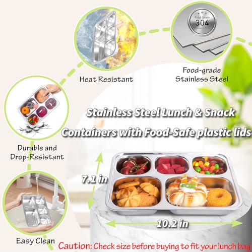 KTKUDY Stainless Steel Snack Containers with Lids - 3 Pack - 5 Compartments Bento Snack Boxes - Reusable Meal Prep Lunch Containers for Kids Adults - Divided Food Storage Container for School Home Travel - Image 2