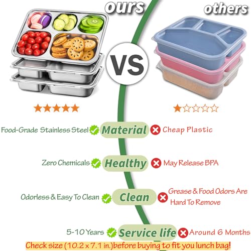 KTKUDY Stainless Steel Snack Containers with Lids - 3 Pack - 5 Compartments Bento Snack Boxes - Reusable Meal Prep Lunch Containers for Kids Adults - Divided Food Storage Container for School Home Travel - Image 4