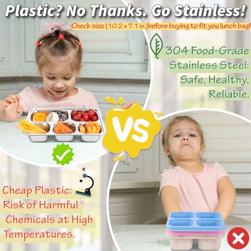 KTKUDY Stainless Steel Snack Containers with Lids - 3 Pack - 5 Compartments Bento Snack Boxes - Reusable Meal Prep Lunch Containers for Kids Adults - Divided Food Storage Container for School Home Travel - Image 3