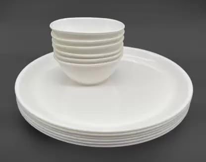 Coolkart Microwave Safe Unbreakable Round Dinner Set of 6 Big Plates 11 Inches and 6 Katori Set, Made in India (Set of 12) (White) - Image 1