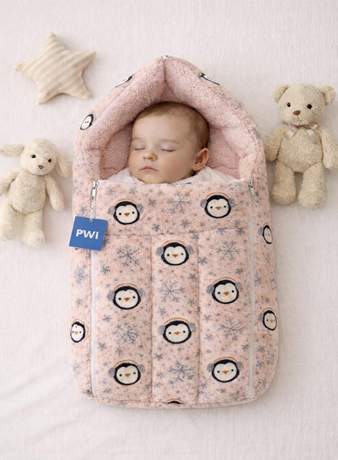 PWI Baby Sleeping Bag for 0-6 Months, Ultra Soft Plush & Sherpa Warm Winter Wrapper with Hood & Zip, Newborn Swaddle Blanket for Stroller & Home Use - Image 2
