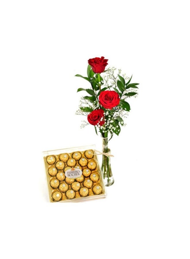 3 Red Roses In A Glass Tube And 24 Pieces Ferrero Rocher Chocolates