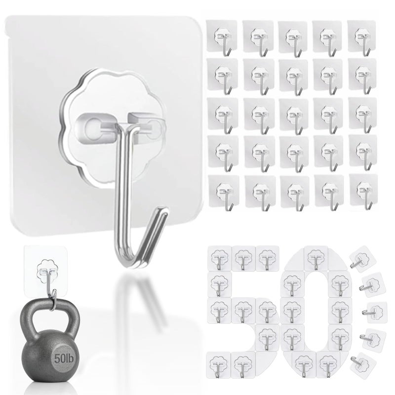 DDMY Hooks for Hanging 50 Pack Wall Hooks 50lbMax Transparent Reusable Waterproof Adhesive Hook for Kitchen Curtain Towel Hook for Bathrooms Heavy Duty Self Coat Hook for Walls No Damage