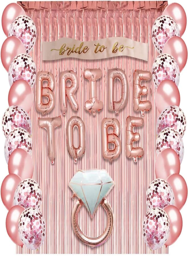 Rose Gold Bachelorette Party Supplies - Bridal Shower Decorations Rose Gold Balloons, Confetti Balloons & Foil Balloon - Bride To Be Party Favors Bride to Be Sash, Foil Curtain & Balloon Ribbon