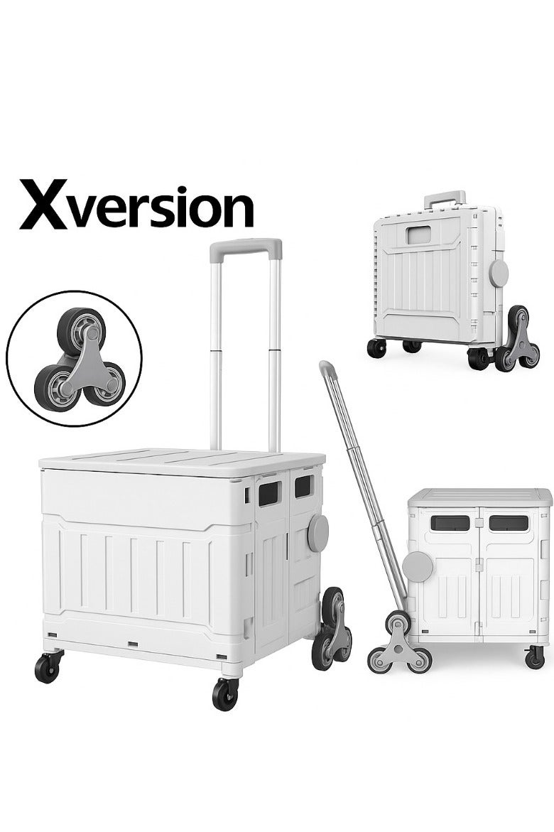 XVersion Shopping Trolley Foldable Utility Cart with 8 Wheels – Heavy Duty Stair Climbing Trolley with Lid, Adjustable Handle, Collapsible Storage Box for Groceries, Office, Travel – 75L Capacity – White - Image 1